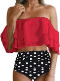 Women's two-piece high waisted bikini suit swimsuit with tuck in lower garment and pleated off shoulder swimsuit