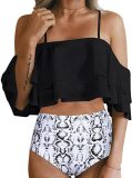 Women's two-piece high waisted bikini suit swimsuit with tuck in lower garment and pleated off shoulder swimsuit