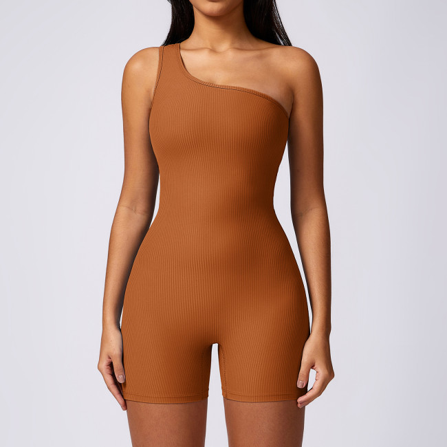 Summer Diagonal Shoulder Sports Tight Fitness Bodysuit Women's Thread Elastic Back Bodysuit Yoga Dress