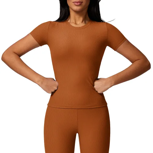 Quick drying yoga top, T-shirt, fitness suit, cover up, threaded Pilates running sports short sleeves