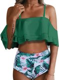 Women's two-piece high waisted bikini suit swimsuit with tuck in lower garment and pleated off shoulder swimsuit