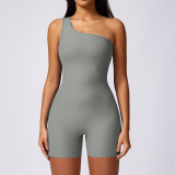 Summer Diagonal Shoulder Sports Tight Fitness Bodysuit Women's Thread Elastic Back Bodysuit Yoga Dress