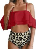 Women's two-piece high waisted bikini suit swimsuit with tuck in lower garment and pleated off shoulder swimsuit