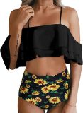 Women's two-piece high waisted bikini suit swimsuit with tuck in lower garment and pleated off shoulder swimsuit