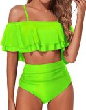 Women's two-piece high waisted bikini suit swimsuit with tuck in lower garment and pleated off shoulder swimsuit