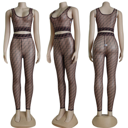 Summer mesh printed sleeveless vest+pants set