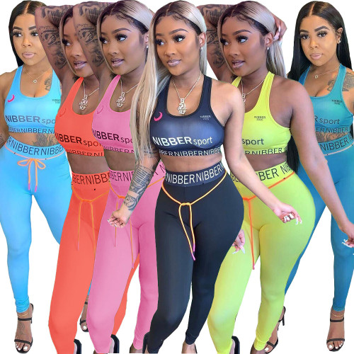 Women's sexy letter printed vest, tight fitting sports set, two-piece set