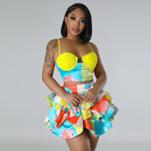 New Women's Sexy Printed Bead Drop Strap Bra Dress Set of Two