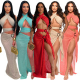 Sexy neck hanging net fabric repair, height slit dress, fashionable
