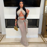 Sexy neck hanging net fabric repair, height slit dress, fashionable