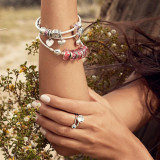 White copper plated silver classic buckle snake bone bracelet with magnolia flower