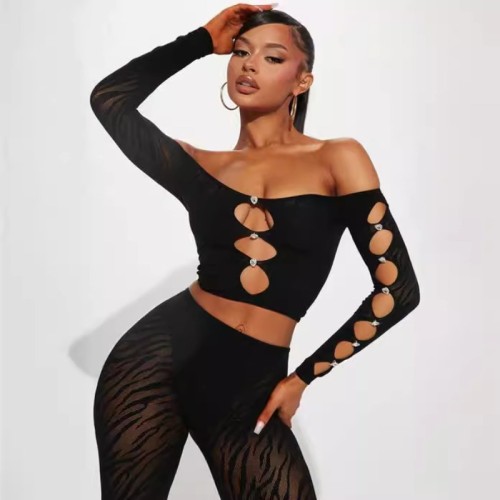Sexy See Through Women 2 Piece Set Hollow Out Crop Top Skinny Mesh Pants Matching Set 2024 Summer Sexy Night Club Party Outfits