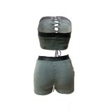 Bandage Denim Women 2 Piece Set Off Shoulder Crop Top Skinny Biker Shorts Matching Set  Summer Streetwear Club Party Outfits