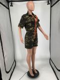 Ladies New Summer Fashion Cardigan Waist Closed Woven Short Sleeve Lapel Zipper Camouflage One-piece Shorts Playsuit