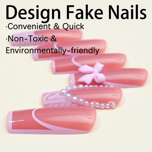 24pcs French Pink Pearl False Nails 3D Bowknot Decor Fake Nail Patch Ballet Coffin Korean Sweet Press on Nails Tips for Girls