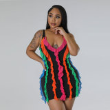 Ladies Multi-Color Three-Dimensional Striped Sleeveless Low-Cut Skinny Dress Summer Street Stunning Fashion Dress
