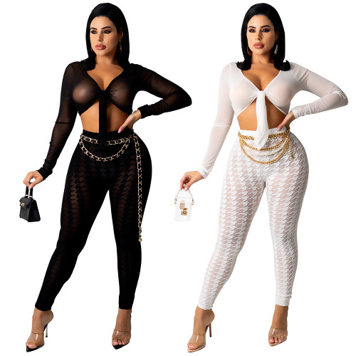 Echoine Women Solid Mesh Bandage Crop Tops And Houndstooth Pants Two 2 Piece Sets Autumn Sexy Party Night Club Tracksuit Outfits