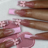 24pcs French Pink Pearl False Nails 3D Bowknot Decor Fake Nail Patch Ballet Coffin Korean Sweet Press on Nails Tips for Girls