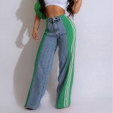 Denim Patchwork Women Pants Elegant High Waist Wide Leg Jeans Summer New Fashion Streetwear Capris Office Lady Trousers