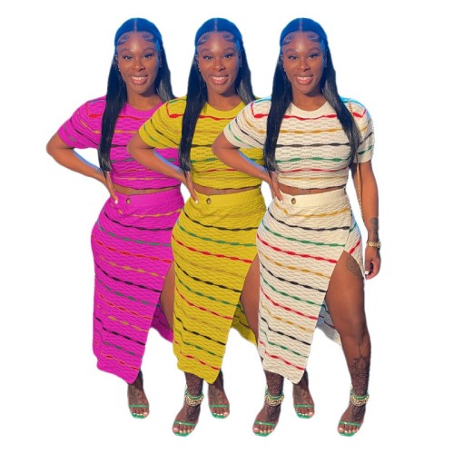 Striped Knitted Women 2 Piece Set Short Sleeve Crop Top Side Slit Maxi Hip Skirts Matching Set Fall Streetwear Tracksuits