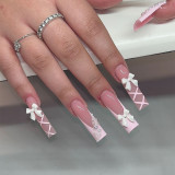 24pcs French Pink Pearl False Nails 3D Bowknot Decor Fake Nail Patch Ballet Coffin Korean Sweet Press on Nails Tips for Girls