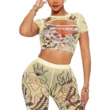 Funny Printed Women 2 Piece Set Fitness Short Sleeve Crop Top High Waist Pants Matching Set 2024 Summer Sexy Night Club Outfits