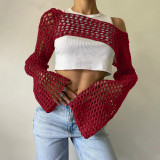 Knitted Crochet Womne Cover Ups Solid Long Sleeve Crop Top Summer Streetwear Outfits Sexy Hollow Out Night Club Party Tops