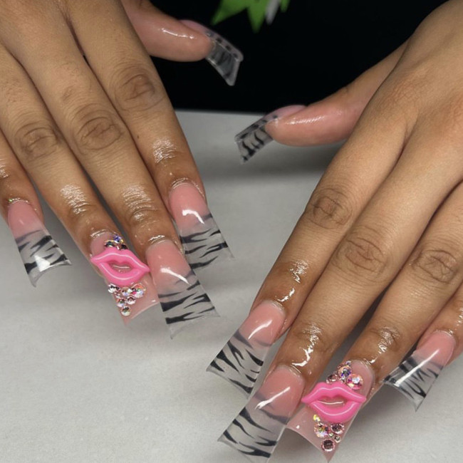 24pcs Leopard print Fake Nails Red Lip Design False Nails European Duckbill Shaped Press On Nails for Girls Women Full Cover