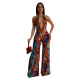 Joskaa Tie Dye Print Wide Leg Straight Jumpsuits Women Sexy Deep V-Neck Backless Bodycon One Piece Overalls Holdiay Outfits