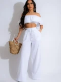 Elegant Two Piece Outfits Women Summer Holiday Ruffles Slash Neck Off the Shoulder Crop Top and Wide Leg Pants Matching Sets
