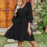 Women Dress High Waist korean Fashion Casual Elastic Waist 3/4 Sleeve V-Neck Ruffled Hem A-Line Dress