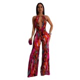Joskaa Tie Dye Print Wide Leg Straight Jumpsuits Women Sexy Deep V-Neck Backless Bodycon One Piece Overalls Holdiay Outfits