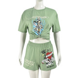 Funny Printed Women 2 Piece Set Short Sleeve Casual T Shirt Biker Shorts Matching Tracksuit Summer New Fashion Streetwear
