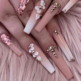 24Pcs Leopard Print Design False Nails with Bow Rhinestone Long Square Press on Nails Wearable French Ballet Fake Nail Tips