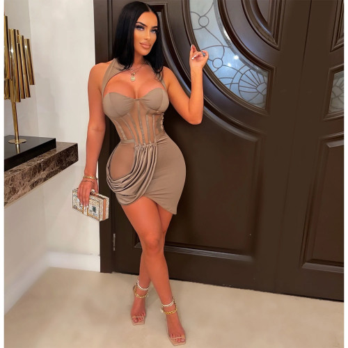 Chest Pads Bodycon Party Dress Women Sheer Mesh Sleeveless Split Dresses Sexy Club Birthday Bandage Dresses Backless  Outftis
