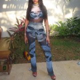 Fitness Women Printed Rompers Short Sleeve Mock Neck Skinny Jumpsuits Summer Streetwear Sexy Mesh See Through One Piece