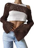 Knitted Crochet Womne Cover Ups Solid Long Sleeve Crop Top Summer Streetwear Outfits Sexy Hollow Out Night Club Party Tops