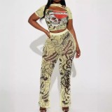 Funny Printed Women 2 Piece Set Fitness Short Sleeve Crop Top High Waist Pants Matching Set 2024 Summer Sexy Night Club Outfits