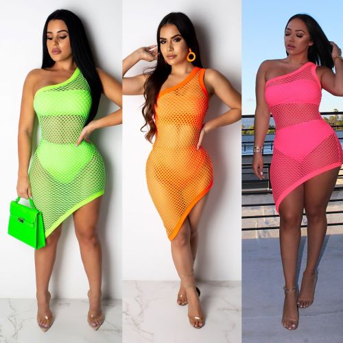 Orange Summer One Shoulder dress Sexy Women Grid Perspective Cover up Three-piece Suit Sleeveless Mesh dress BeachWear