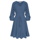 Women Dress High Waist korean Fashion Casual Elastic Waist 3/4 Sleeve V-Neck Ruffled Hem A-Line Dress