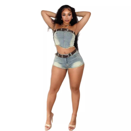 New tube top denim shorts suit fashion nostalgic stretch shorts two-piece ladies suit two piece sets womens outifits