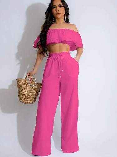 Elegant Two Piece Outfits Women Summer Holiday Ruffles Slash Neck Off the Shoulder Crop Top and Wide Leg Pants Matching Sets