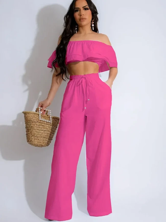 Elegant Two Piece Outfits Women Summer Holiday Ruffles Slash Neck Off the Shoulder Crop Top and Wide Leg Pants Matching Sets