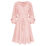 Women Dress High Waist korean Fashion Casual Elastic Waist 3/4 Sleeve V-Neck Ruffled Hem A-Line Dress