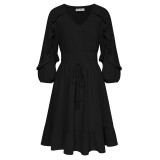 Women Dress High Waist korean Fashion Casual Elastic Waist 3/4 Sleeve V-Neck Ruffled Hem A-Line Dress