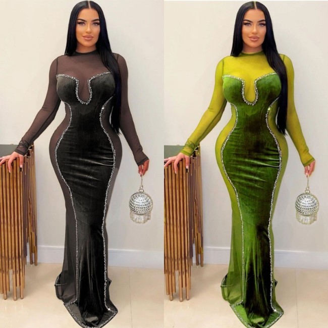 Velvet Mesh Patchwork Hot Diamond Maxi Dress Party Club Evening Winter Sexy Slim Fit Wrapped Hip Vestidos Prom Nightclub