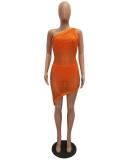 Orange Summer One Shoulder dress Sexy Women Grid Perspective Cover up Three-piece Suit Sleeveless Mesh dress BeachWear