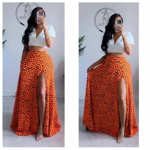 Elegant Women Long Maxi Skirts Printed High Waist Side Slit Dress Summer New Fashion Outfits Sexy Night Club Party Vestidos