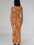Sexy Zebra Stripes Bodycon Maxi Dress Women Party Club Elegant Cut Out Ruched Tank Sleeveless Summer Dresses Sun Dress Holiday