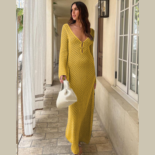 Knitted Elegant Women Long Maxi Dress Solid Long Sleeve Cover Ups Summer Holiday Beach Outfits Sexy Hollow Out Vestidos